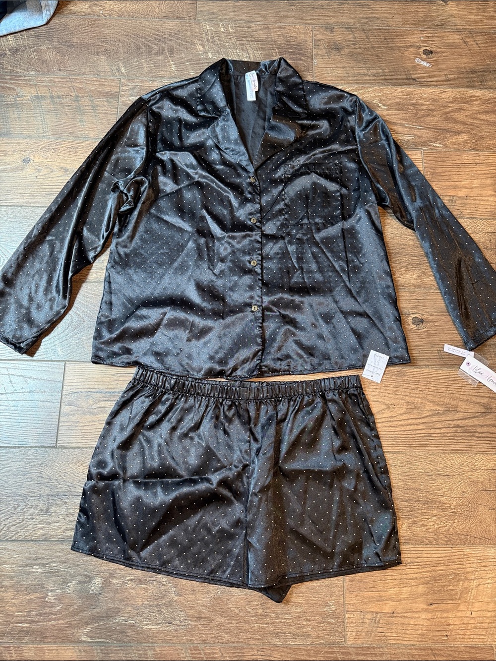 Black Satin Dot Short Pajama Set - Unknown Brand